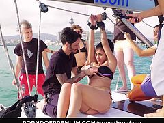 CROWD BONDAGE - Gorgeous Spanish babe Aisha spanked and fucked outdoors at sea