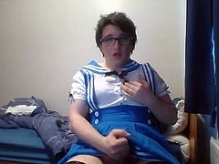 Chubby Sissy Schoolgirl Jerks and Eats Cum