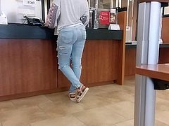 Candid big booty ebony in ripped jeans.