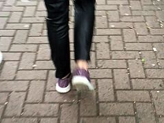 My girlfriend Katharine  walking in leather trousers