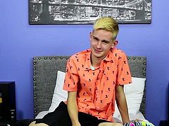 Skinny little twink with big fat dick tugs after interview