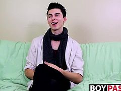 Interview leads to twink masturbating and using a big dildo