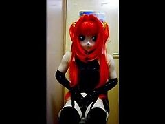 Latex kigurumi masturbates with vibrator