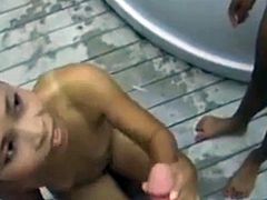 2 Thai girls suck his dick till facial.