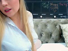 Cute Russian college teen with white stockings and white shirt is so cute and adorable thing with blue eyes that will make you shy around her and when you slide your fingers in her panties where she is literally dripping wet and has creamy ejaculation without sex, you will go crazy.