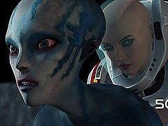 Sci-fi woman in spacesuit fucks female alien on exoplanet