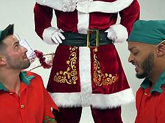 This is a Christmas story about how two naughty elves peeped into a Santa's bag without a demand and stole a very strange gift... It's amazing that these slutty guys know how to use this kinky sex toy. Watch how Santa will punish them after he discovers what they have done... Hot interracial threesome at its best!