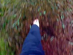 Barefoot walk in forest