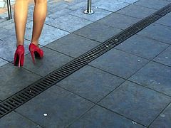 Milf red high heels legs stockings candid upskirt mature