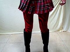 Nylon tights red zebra, schoolgirl skirt and leather boots