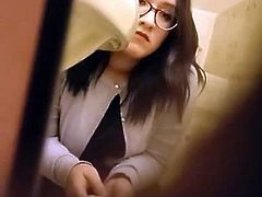 Toilet Voyeur - Cute Girl w.Glasses Pees and Wipes Fat Pussy
