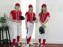 Baseball babes Dixie Lynn, Lola Leda, and Athena May have been preparing for the big game for a long time. They want to be in tip top shape to win big in the championship, and today they are seeking some help from their favorite coach. He shows them how to properly field a ball, getting them to bend down and perk their bubbly asses out one by one. Then, they take a nutritional break, letting him slide his girthy meat stick inside their tight cunts. They gasp as he pounds them side by side, stuffing his baseball bat into their love gloves. They take turns bouncing on his prick, and then lay out