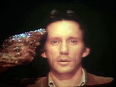 James Woods and Debbie Harry naked on a large bed and Woods fucks her.