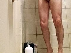 Hidden cam guy with big balls milking in shower