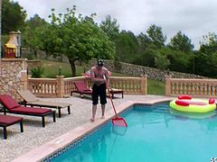 Step Mom and her two Step Sister Seduce Poolboy to Group Sex