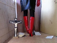 Thigh-high boots work the cross and the Bible