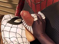 These two are going to make you see spiderman in a whole new light. Dressing up like comic book heroes must be a whole lot of fun, cause these two are having sex in kinky costumes. The big ass beauty sucks the spiderman's huge hard dick, before riding him reverse cowgirl