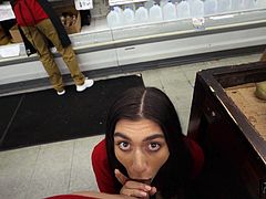 This sexy slender salesgirl is bored of her job and needs some excitement in her life, so she decides to do something adventurous, such as sliding her coworkers cock down her throat while he's working, which gets the stud insanely horny and he bends her over on the shelf to destroy her twat from behind