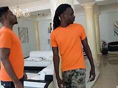 These two chocolaty boys came to my house and I told them to wait in the lounge but they came in while I was dressing. So I took both of their big dicks out and started giving them a sloppy blowjob. Then one hunk lay on the bed to get a blowjob while the other stuck his big dick inside my twat.