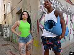 Living it up, this horny, daring, curvy Latina babe exposes and shakes her ass in public on a busy highway. She then seduces a black-hung stud and is curious about what it is like, so she decides to give a sloppy blowjob. She's then bent over and her pussy is stretched by his BBC. Watch her enjoy!