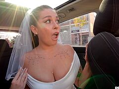 This newlywed bride got cheated by her husband on their wedding day. So she took the opportunity to fuck her horny driver, so in the back seat she showed him her big tits, and then grabbed his big dick to give her throat juices, but she enjoyed it most when she rode my dick in cowgirl style and got her pussy hammered.