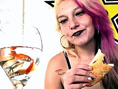 Evil woman devours fish for breakfast - Vore Giantess