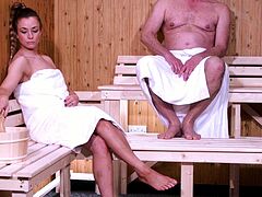 Nympho sauna voyeur enjoys private show
