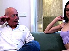 Lucky grandpa fucks hot brunette and gets sloppy blowjob